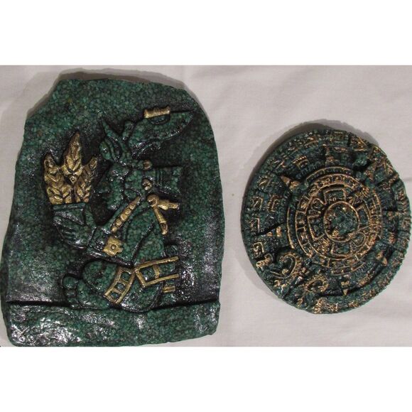 Mayan Aztec Mexican Warrior and Calendar crushed malachite stone gallery wall 2 - Picture 1 of 10